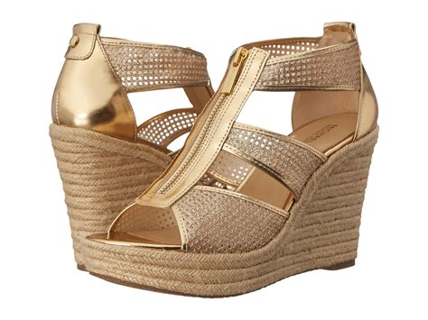 michael kors beige wedges with gold mk on the front|Michael Kors zipper wedges.